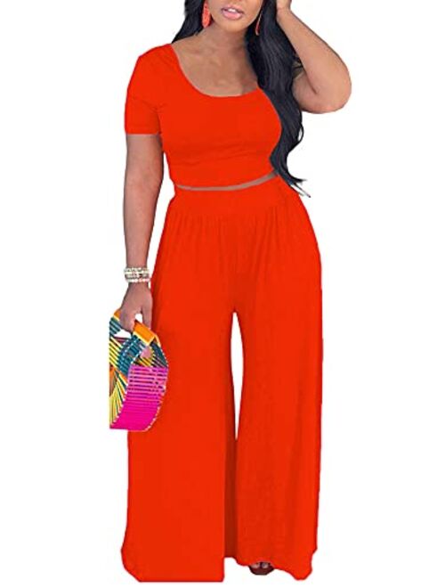 Bffbaby 2 Piece Outfits for Women Sexy Backless Short Sleeve Crop Top High Waist Wide Leg Long Pant Sets Tracksuit Sport Set