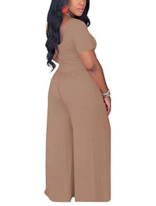 Bffbaby 2 Piece Outfits for Women Sexy Backless Short Sleeve Crop Top High Waist Wide Leg Long Pant Sets Tracksuit Sport Set