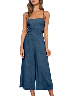 Women's Summer Sleeveless Spaghetti Strap Tie Back Dressy High Waist Wide Leg Jumpsuit Rompers Pockets