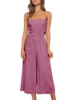 Women's Summer Sleeveless Spaghetti Strap Tie Back Dressy High Waist Wide Leg Jumpsuit Rompers Pockets