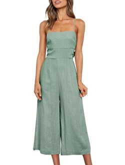 Women's Summer Sleeveless Spaghetti Strap Tie Back Dressy High Waist Wide Leg Jumpsuit Rompers Pockets