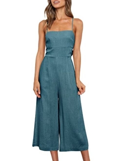 Women's Summer Sleeveless Spaghetti Strap Tie Back Dressy High Waist Wide Leg Jumpsuit Rompers Pockets