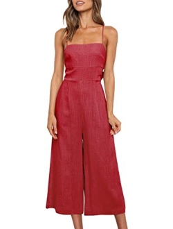 Women's Summer Sleeveless Spaghetti Strap Tie Back Dressy High Waist Wide Leg Jumpsuit Rompers Pockets