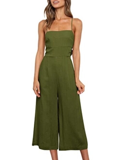 Women's Summer Sleeveless Spaghetti Strap Tie Back Dressy High Waist Wide Leg Jumpsuit Rompers Pockets