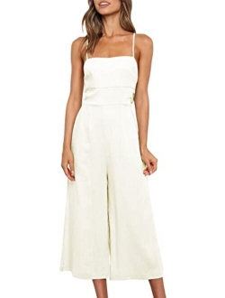 Women's Summer Sleeveless Spaghetti Strap Tie Back Dressy High Waist Wide Leg Jumpsuit Rompers Pockets