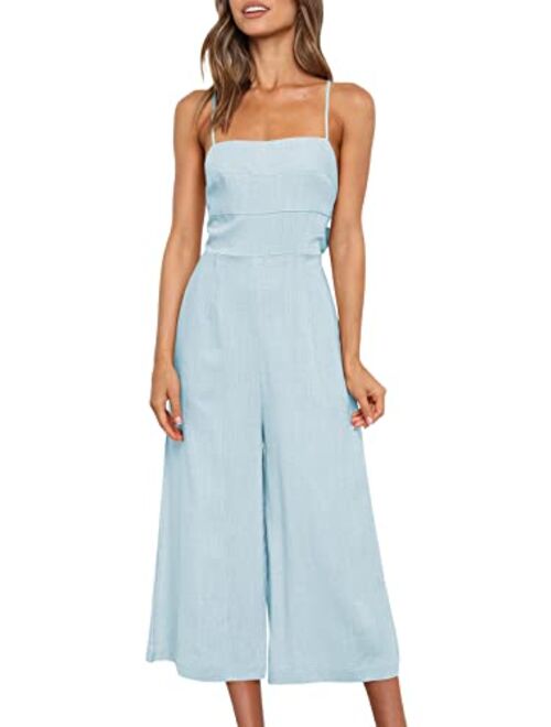 ANRABESS Women's Summer Sleeveless Spaghetti Strap Tie Back Dressy High Waist Wide Leg Jumpsuit Rompers Pockets