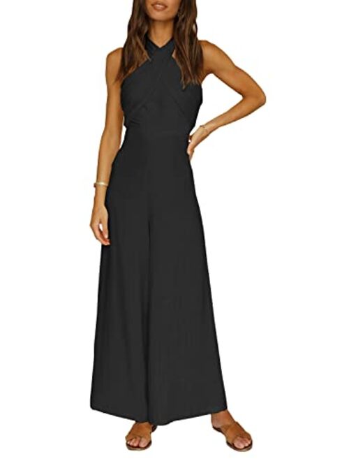 Yovion Women's Solid Color Jumpsuit Off Shoulder Sleeveless Strap Dual Use Halter or Tie Waist Sexy and Casual Wide Leg Jumpsuit