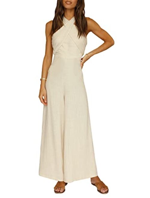 Yovion Women's Solid Color Jumpsuit Off Shoulder Sleeveless Strap Dual Use Halter or Tie Waist Sexy and Casual Wide Leg Jumpsuit