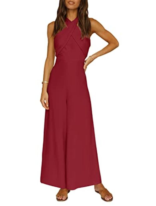 Yovion Women's Solid Color Jumpsuit Off Shoulder Sleeveless Strap Dual Use Halter or Tie Waist Sexy and Casual Wide Leg Jumpsuit