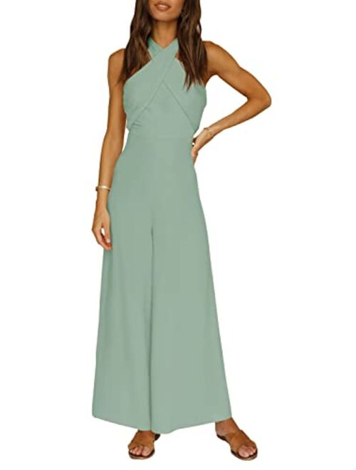 Yovion Women's Solid Color Jumpsuit Off Shoulder Sleeveless Strap Dual Use Halter or Tie Waist Sexy and Casual Wide Leg Jumpsuit