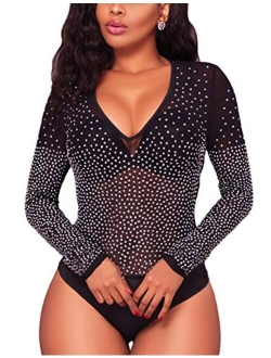 SEBOWEL Women Long Sleeves Mesh See Through Jumpsuit Bodysuit Top Leotard