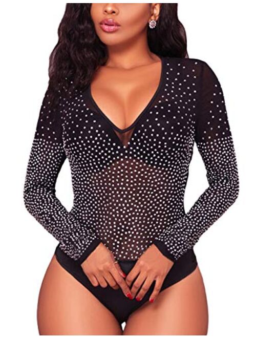 SEBOWEL Women Long Sleeves Mesh See Through Jumpsuit Bodysuit Top Leotard