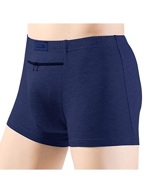 ChiiGe Pocket Underwear for Men pouch with Secret Hidden Front Stash Pocket, Travel Boxer Brief (2 Packs, Blue)