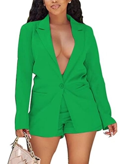 Tcremisa Women's Long Sleeve Blazer and Shorts Set Business Office Suit Solid 2 Piece Work Outfits