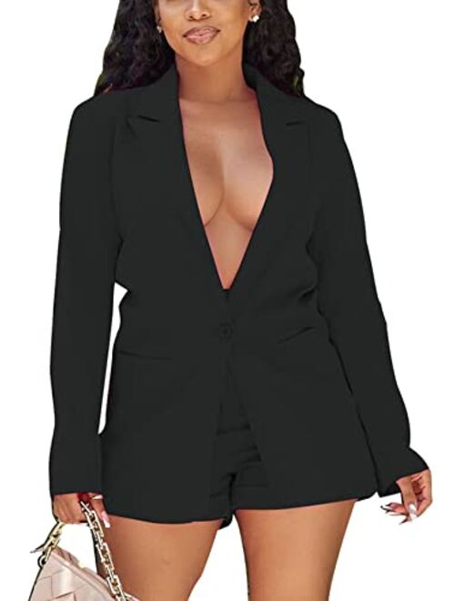 Tcremisa Women's Long Sleeve Blazer and Shorts Set Business Office Suit Solid 2 Piece Work Outfits