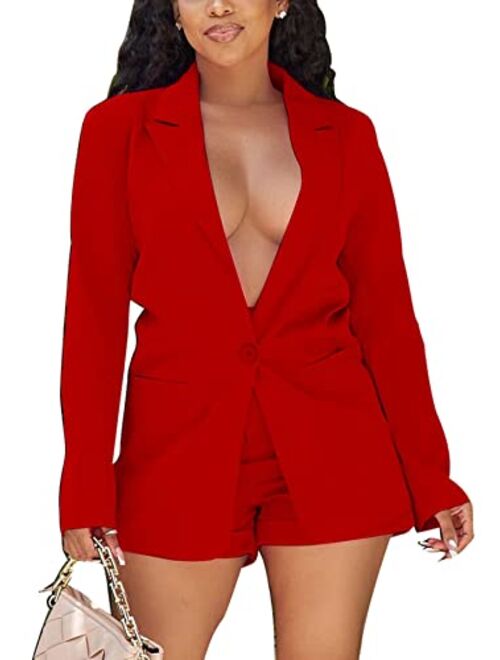 Tcremisa Women's Long Sleeve Blazer and Shorts Set Business Office Suit Solid 2 Piece Work Outfits