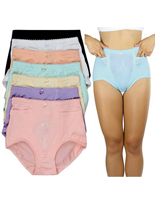 ToBeInStyle Women's 6 Pack High Waist Concealed Slit Pockets Elegant Print Girdle Briefs