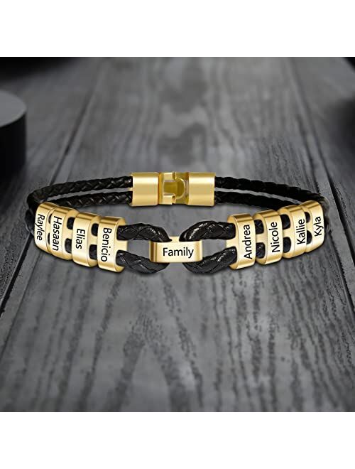 Qwbv Nelo Mens Custom Bracelet Personalized Leather Bracelet with 2-9 Names Engraved Beaded Braided Bracelet for Men Father's Day Jewelry Gift for Dad