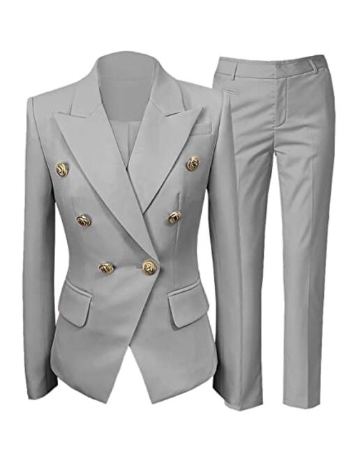 Uohzus Women Suit 2022 New 2 Piece Long Sleeve Business Meeting Solid V Neck Blazer and Pant Office Professional Set Suits