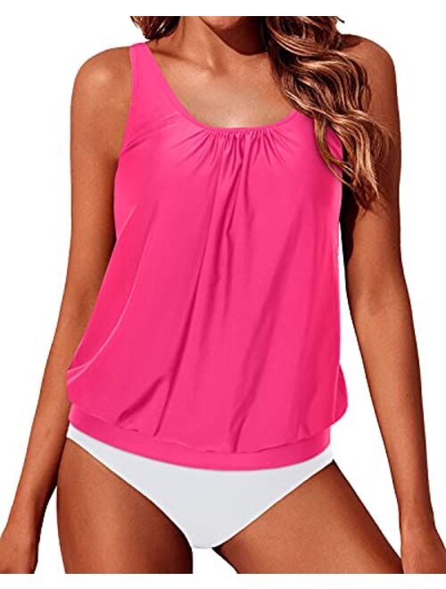 Yonique Two Piece Blouson Tankini Swimsuits for Women Modest Bathing Suits Loose Fit Swimwear