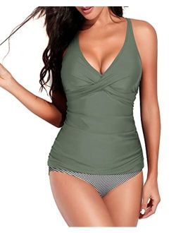 Yonique Tankini Swimsuits for Women Tummy Control Push Up Bathing Suits Two Piece Tankini Tops with Bikini Bottoms Twist Swimwear