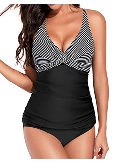 Yonique Tankini Swimsuits for Women Tummy Control Push Up Bathing Suits Two Piece Tankini Tops with Bikini Bottoms Twist Swimwear