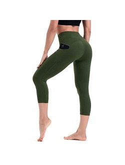 HLTPRO Leggings with Pockets for Women - Capri Yoga Pants High Waist Tummy Control for Workout, Running