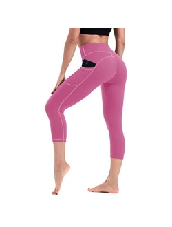 HLTPRO Leggings with Pockets for Women - Capri Yoga Pants High Waist Tummy Control for Workout, Running