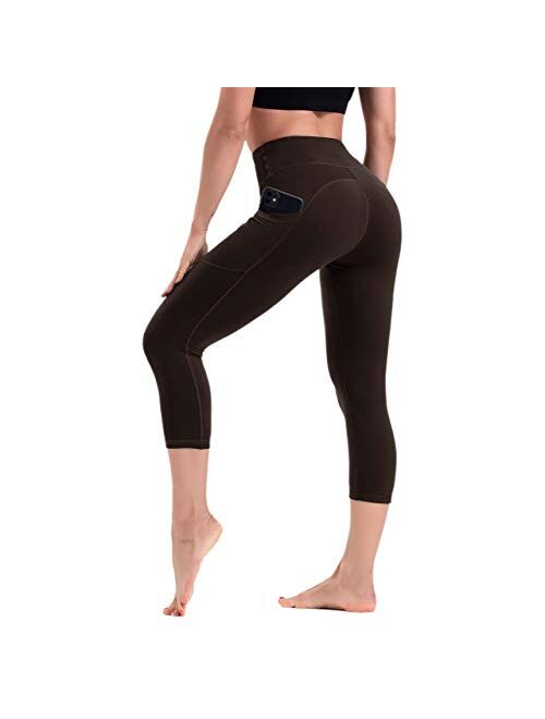 HLTPRO Leggings with Pockets for Women - Capri Yoga Pants High Waist Tummy Control for Workout, Running