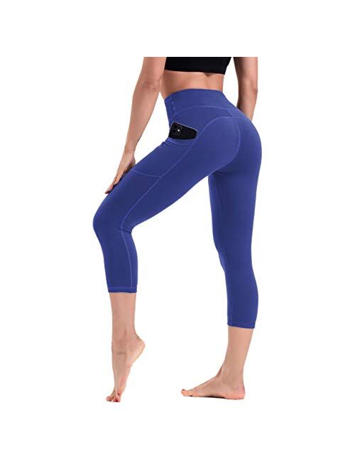 HLTPRO Leggings with Pockets for Women - Capri Yoga Pants High Waist Tummy Control for Workout, Running