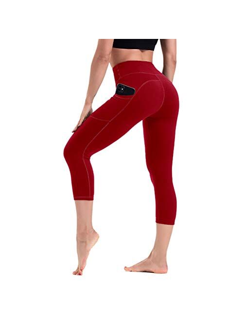 HLTPRO Leggings with Pockets for Women - Capri Yoga Pants High Waist Tummy Control for Workout, Running