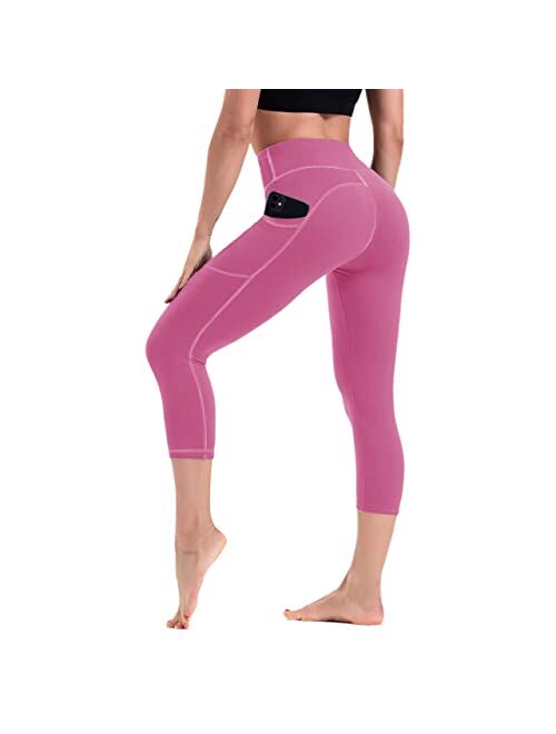 HLTPRO Leggings with Pockets for Women - Capri Yoga Pants High Waist Tummy Control for Workout, Running