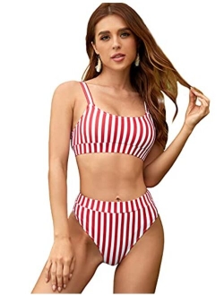 ZINPRETTY Women High Waisted Bikini Set Sports Color Block Swimsuit Scoop Neck Cheeky Bathing Suit