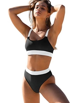 ZINPRETTY Women High Waisted Bikini Set Sports Color Block Swimsuit Scoop Neck Cheeky Bathing Suit