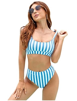 ZINPRETTY Women High Waisted Bikini Set Sports Color Block Swimsuit Scoop Neck Cheeky Bathing Suit