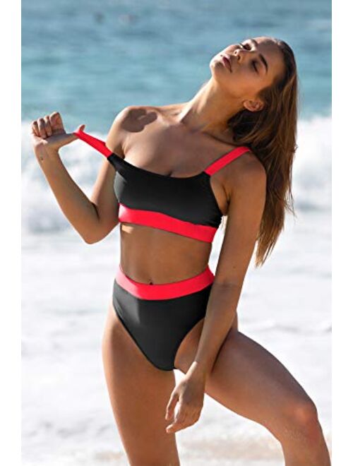 ZINPRETTY Women High Waisted Bikini Set Sports Color Block Swimsuit Scoop Neck Cheeky Bathing Suit