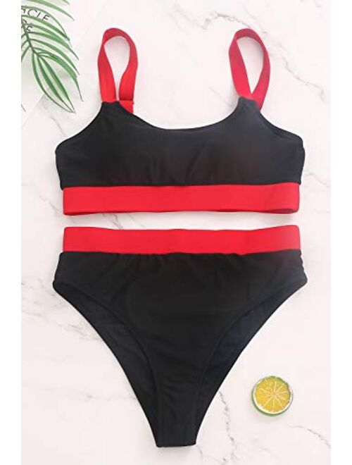 ZINPRETTY Women High Waisted Bikini Set Sports Color Block Swimsuit Scoop Neck Cheeky Bathing Suit