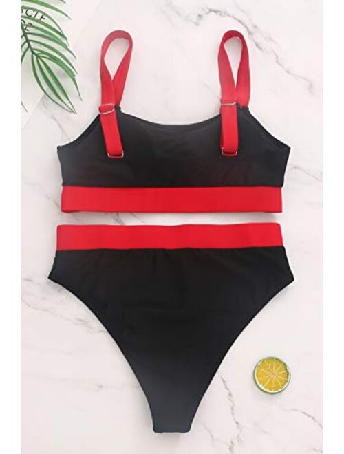 ZINPRETTY Women High Waisted Bikini Set Sports Color Block Swimsuit Scoop Neck Cheeky Bathing Suit