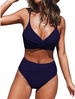 Women's Bikini Sets Two Piece Swimsuit High Waisted V Neck Twist Front Adjustable Spaghetti Straps Bathing Suit