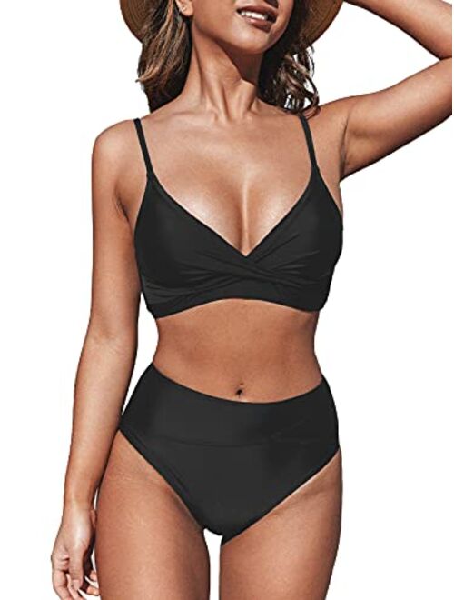 CUPSHE Women's Bikini Sets Two Piece Swimsuit High Waisted V Neck Twist Front Adjustable Spaghetti Straps Bathing Suit