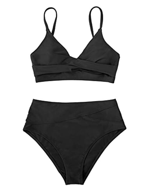 CUPSHE Women's Bikini Sets Two Piece Swimsuit High Waisted V Neck Twist Front Adjustable Spaghetti Straps Bathing Suit