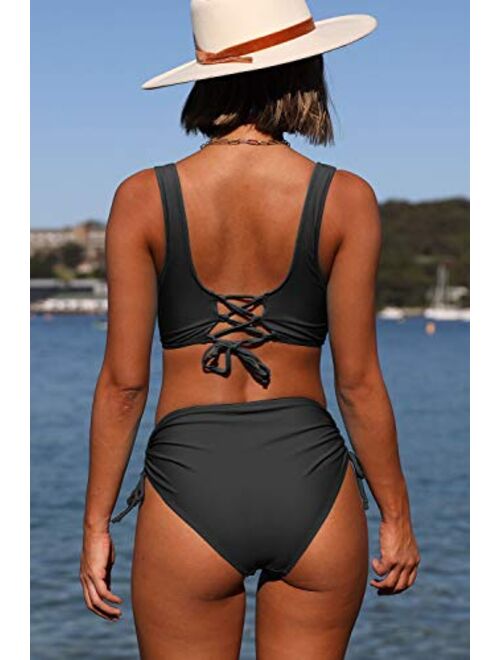 Beachsissi Women's High Waisted Bikini Twist Front Tie Back 2 Piece Swimsuits