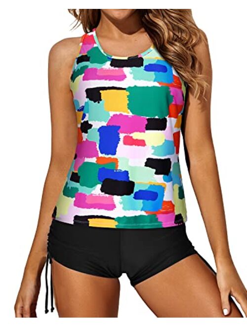 Yonique 3 Piece Tankini Swimsuits for Women Swim Tank Top Bathing Suits with Boy Shorts and Bra Athletic Swimwear