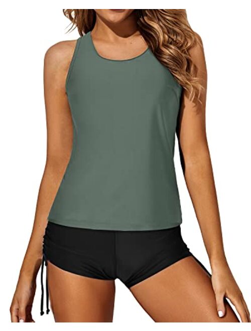 Yonique 3 Piece Tankini Swimsuits for Women Swim Tank Top Bathing Suits with Boy Shorts and Bra Athletic Swimwear