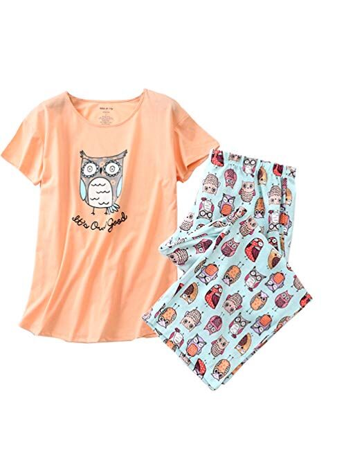 ENJOYNIGHT Women's Sleepwear Tops with Capri Pants Pajama Sets