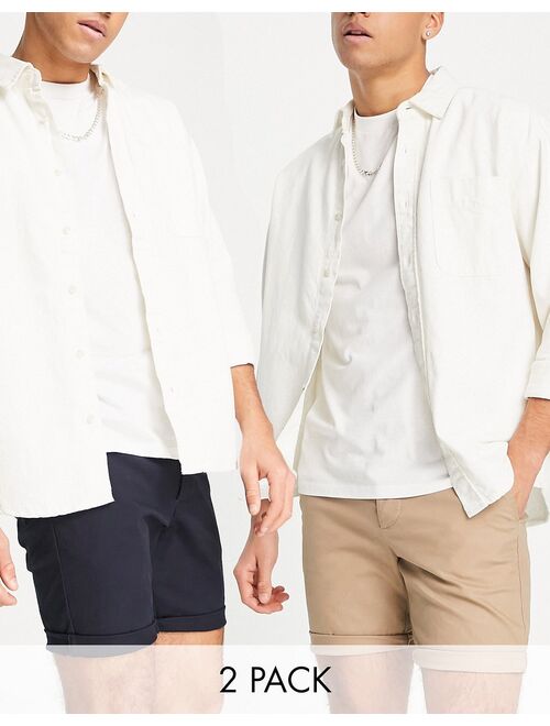 ASOS DESIGN 2 pack slim chino shorts in stone & navy