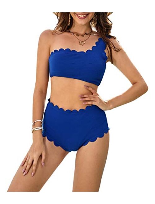 Molybell 2 Piece One Shoulder Swimsuits for Women, High Waisted Bottom Scalloped Bikini Set, Petals Solid Wavy Edge Top Bathing Suits