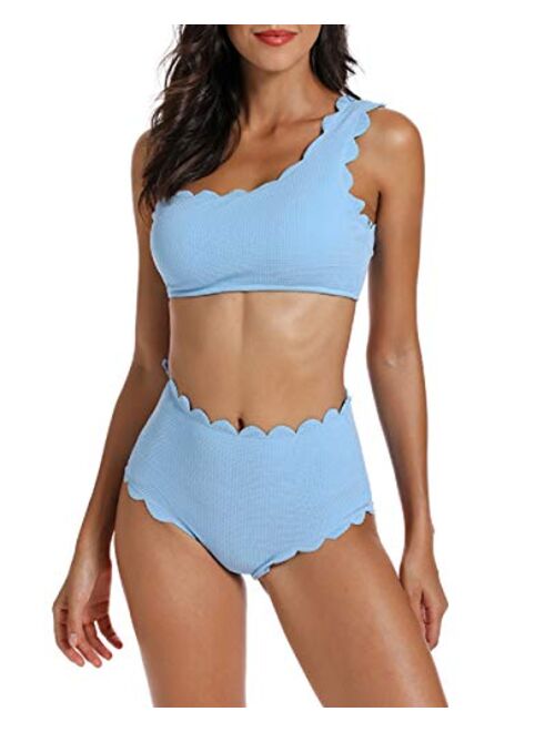 Molybell 2 Piece One Shoulder Swimsuits for Women, High Waisted Bottom Scalloped Bikini Set, Petals Solid Wavy Edge Top Bathing Suits