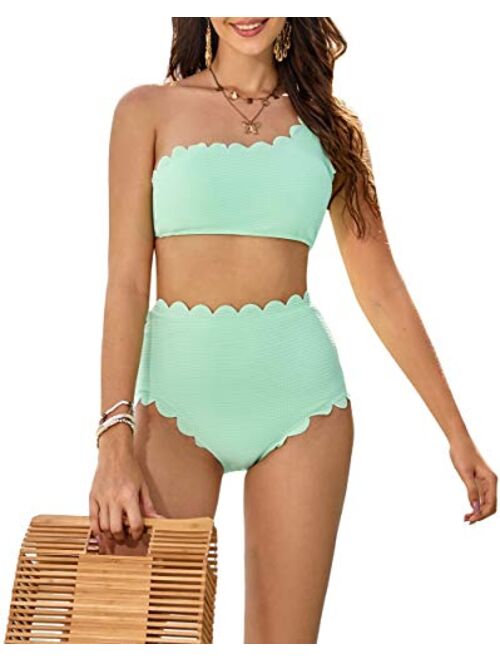 Molybell 2 Piece One Shoulder Swimsuits for Women, High Waisted Bottom Scalloped Bikini Set, Petals Solid Wavy Edge Top Bathing Suits