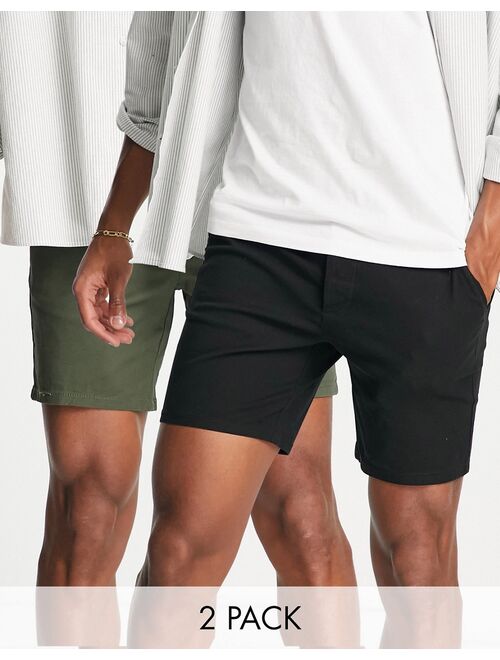 ASOS DESIGN 2 pack slim chino shorts in dark khaki and black save